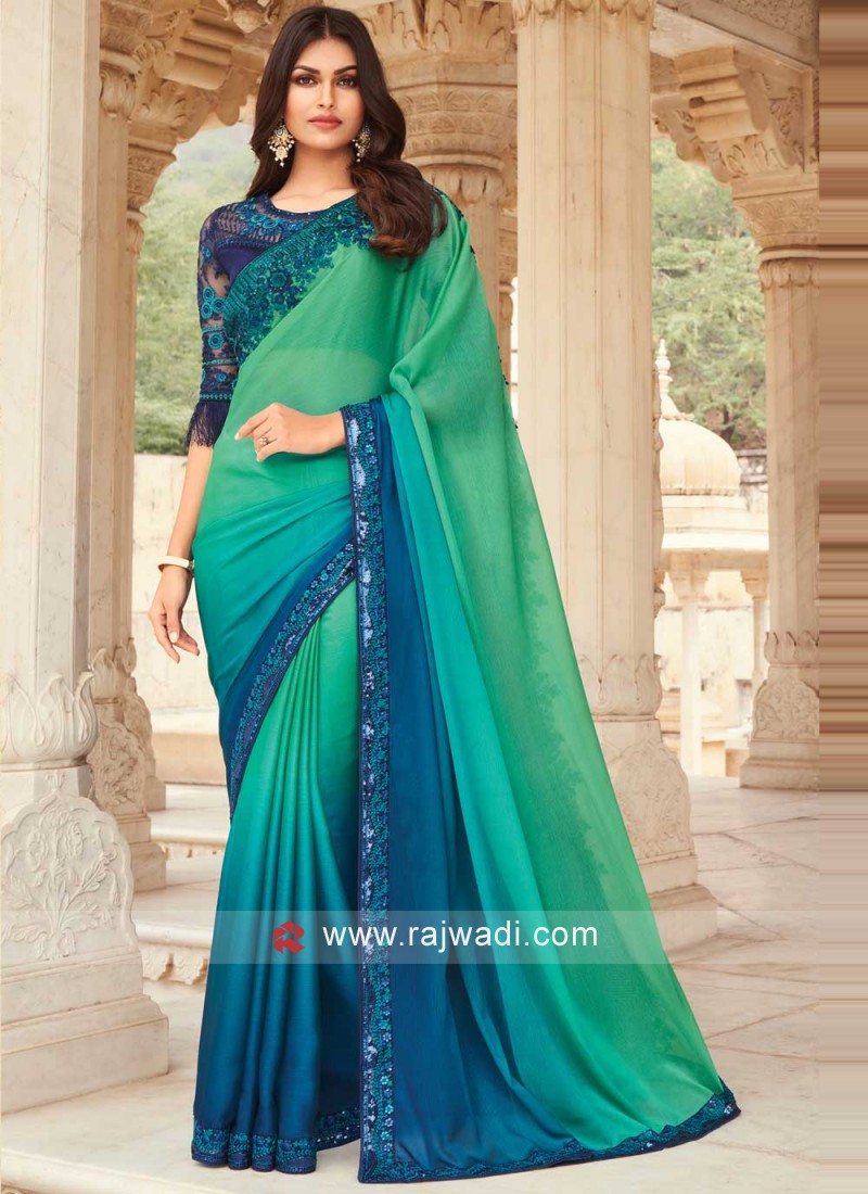 Ocean Green Dual Tone Banarasi Satin Silk Saree – MySilkLove