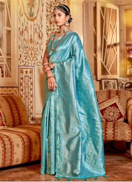 Elegant Aqua Blue Cotton Silk Classic Saree
