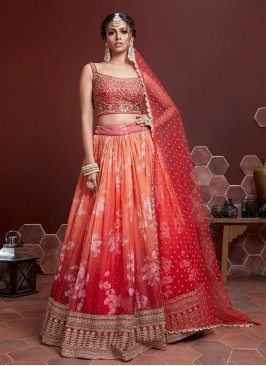 Silk Digital Print Designer Lehenga Choli in Orange