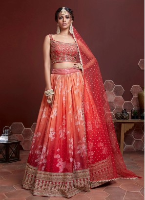 Silk Digital Print Designer Lehenga Choli in Orange