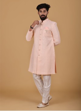 Silk Embroidered Indowestern Set In Peach Color