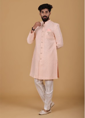 Silk Embroidered Indowestern Set In Peach Color