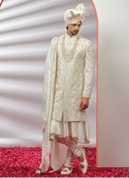 Silk Embroidered Off White Color Sherwani
