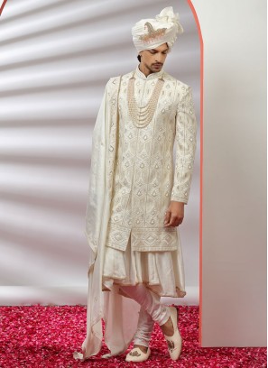 Silk Embroidered Off White Color Sherwani