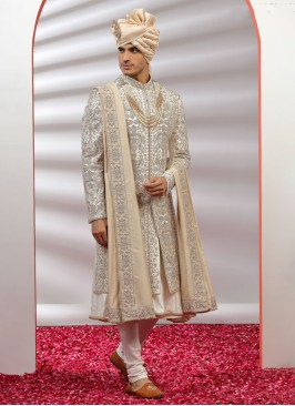 Silk Embroidered Off White Sherwani With Dupatta