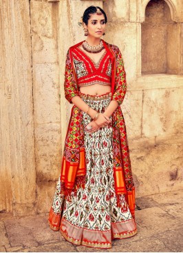 White and Red Silk Embroidered Readymade Lehenga Choli