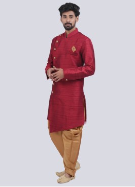 Silk Fabric Indowestern In Red Color