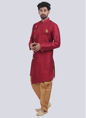 Silk Fabric Indowestern In Red Color