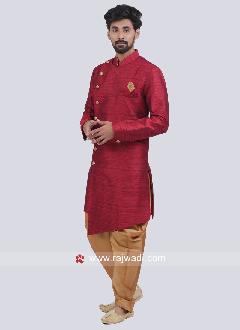 Silk Fabric Indowestern In Red Color