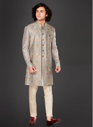 Silk Fabric Jacket Style Indowestern In Grey Color