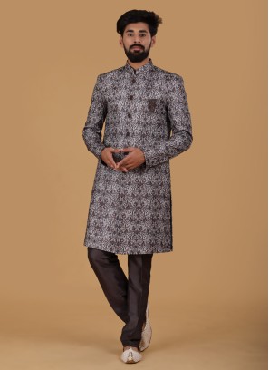 Silk Floral Work Indowestern In Grey Color