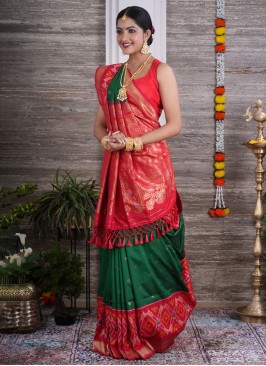 Silk Green And Red Festive Wear Saree
