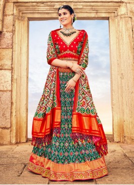 Green and Red Silk Patola Printed Lehenga Choli