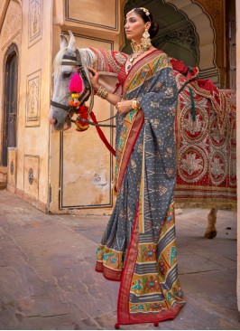 Grey Patola Printed Contemporary Silk Saree