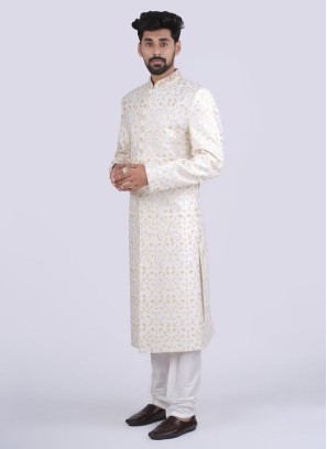 Silk Groom Wear White Sherwani