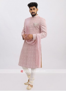 Net Silk Sherwani In Onion Pink