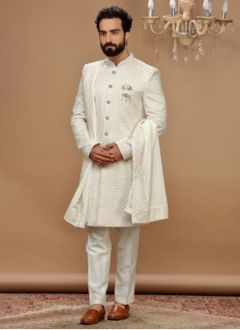 Silk Indowestern For Wedding In Cream Color