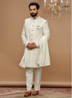 Silk Indowestern For Wedding In Cream Color