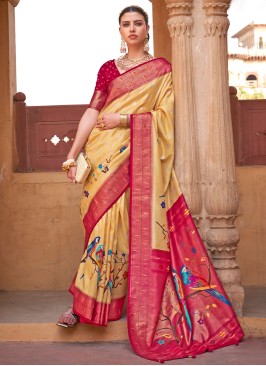 Yellow & Red Woven Designer Silk Saree