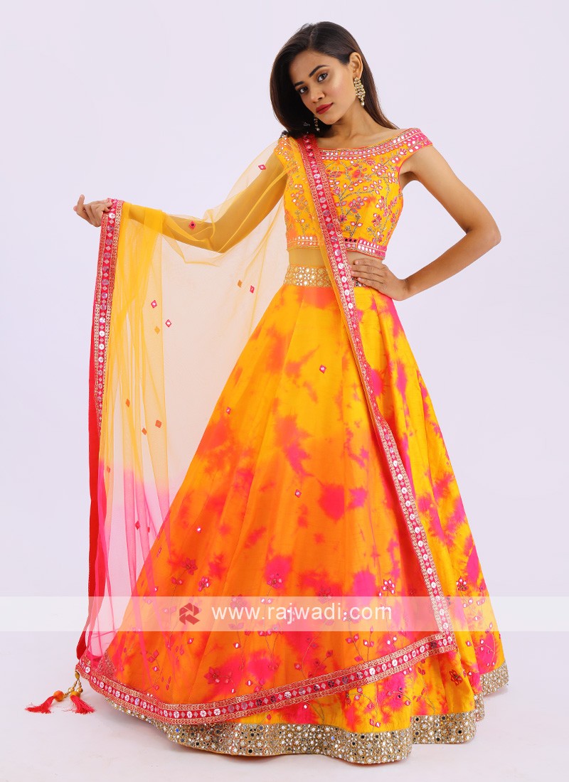 Pink with Yellow Bandini Print and Banaras work Lehenga Choli for Girl –  Seasons Chennai