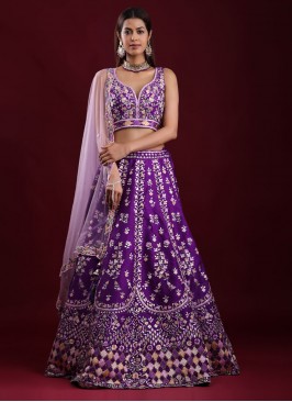 Silk Mirror Work Lehenga Choli In Violet Color