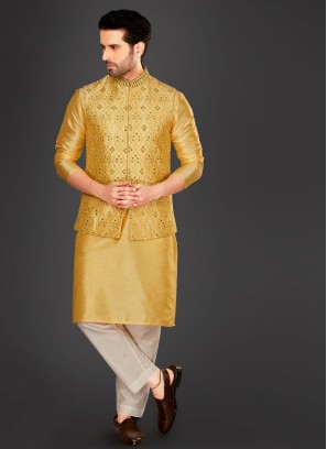 Silk Mirror Work Nehru Jacket Suit