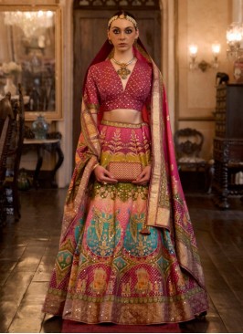 Multi Color Silk Embroidered Lehenga Choli