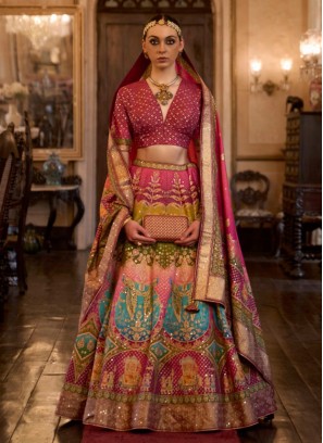 Multi Color Silk Embroidered Lehenga Choli