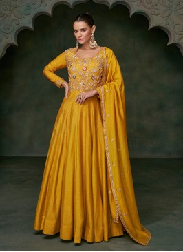 Silk Mustard Yellow Embroidered Gown With Dupatta