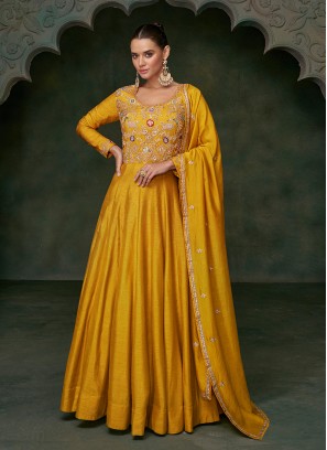 Silk Mustard Yellow Embroidered Gown With Dupatta