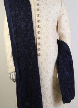 Silk Navy Blue Stone Work Sherwani Dupatta