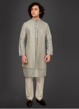 Silk Nehru Jacket Suit In Grey Color