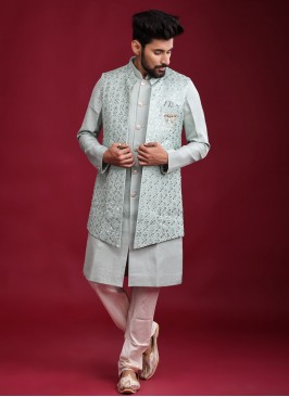 Silk Nehru Jacket Suit In Pista Green Color