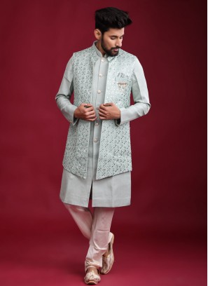 Silk Nehru Jacket Suit In Pista Green Color