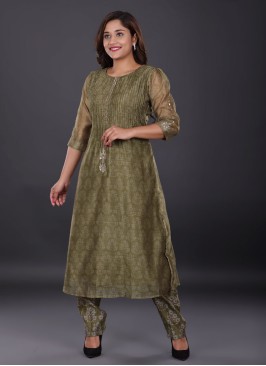 Silk Pant Style Kurti Set In Mehndi Green Color