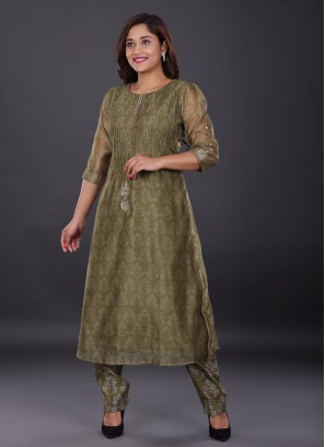 Silk Pant Style Kurti Set In Mehndi Green Color