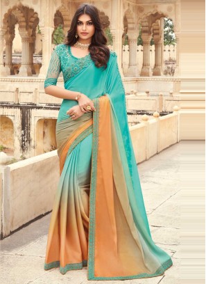 Silk Peach and Sea Green Embroidered Shaded Saree