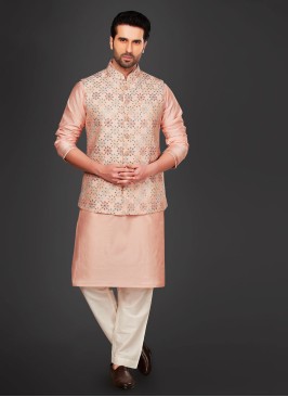 Silk Peach Color Nehru Jacket Suit