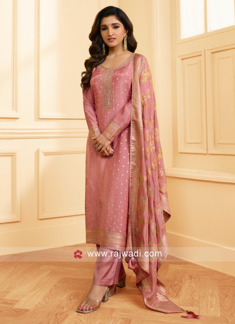 Silk Peach Dress Material With Floral Work Dupatta