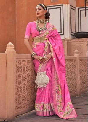Charming Pink Floral Printed Silk Saree