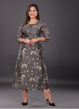 Silk Printed Kurti In Dark Grey Color