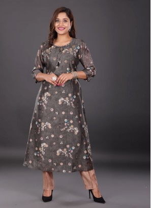 Silk Printed Kurti In Dark Grey Color