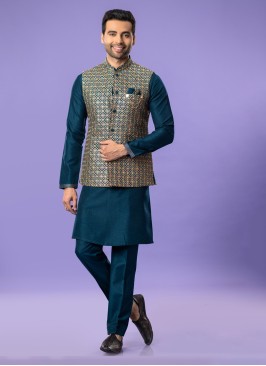 Silk Rama Green Nehru Jacket Set