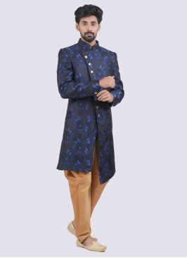 Silk Readymade Indowestern In Navy Blue