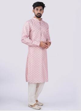 Silk Readymade Kurta Pajama In Pink And White