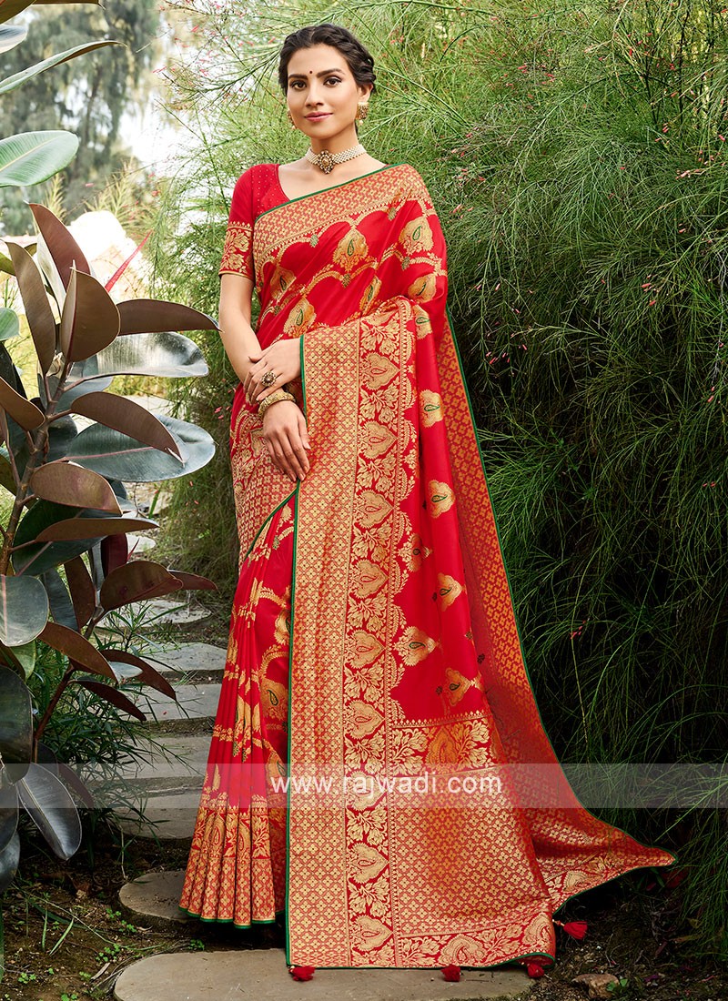 Buy Red Color Woven Banarasi Silk Saree With Free Size Blouse,handmade Silk  Saree for Women's Beautiful Designer Saree Wedding Saree Online in India -  Etsy | Red saree wedding, Designer sarees wedding,