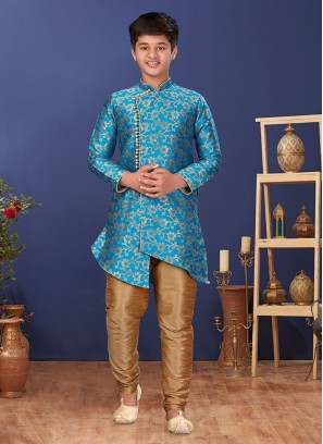 Silk Sky Blue Weaving Embroidered Indowestern Set