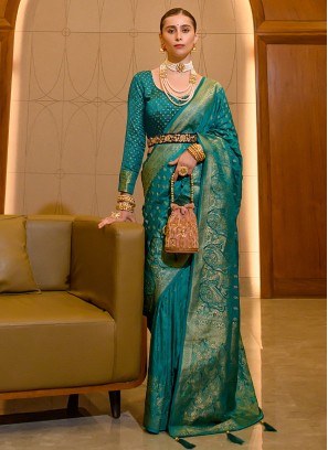 Teal Zari Woven Classic Satin Silk Saree