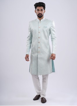 Silk Thread Embroidered Indowestern In Mint Blue Color
