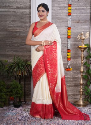 Silk Traditional Wear Off White Saree